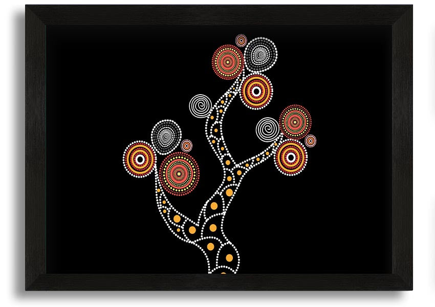 Framed Aboriginal Tree 1 print showcasing vibrant colors and intricate patterns, ready to hang.